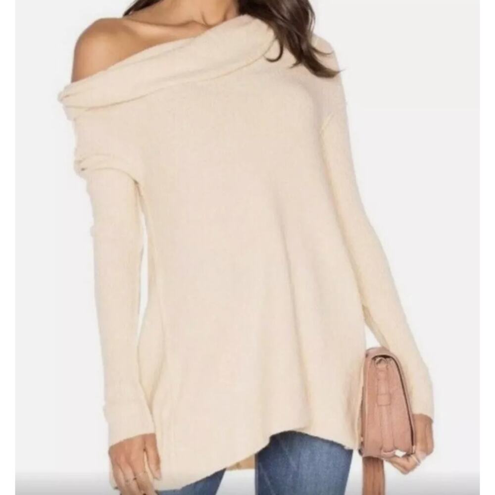 Free People XS Cowl‎ Neck Sweater Cream Light Yellow Stretchy Soft Lagenlook EUC